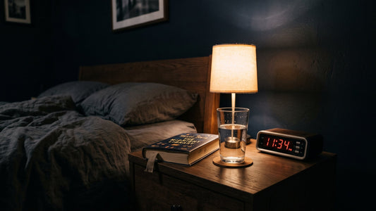 Nachttisch mit Leselampe, Buch, Wasserglas und Wecker in einem dunklen Schlafzimmer