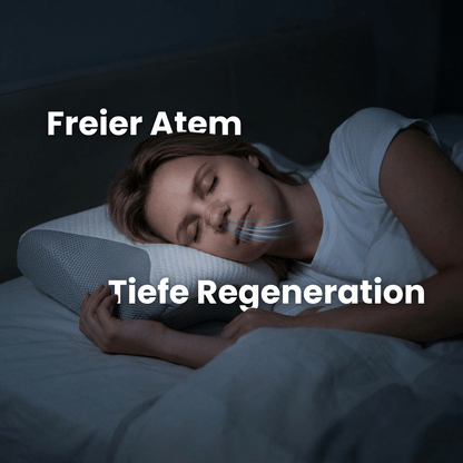 Frau schläft nachts mit AirStrip Nasenpflaster, Bildtext Freier Atem und Tiefe Regeneration