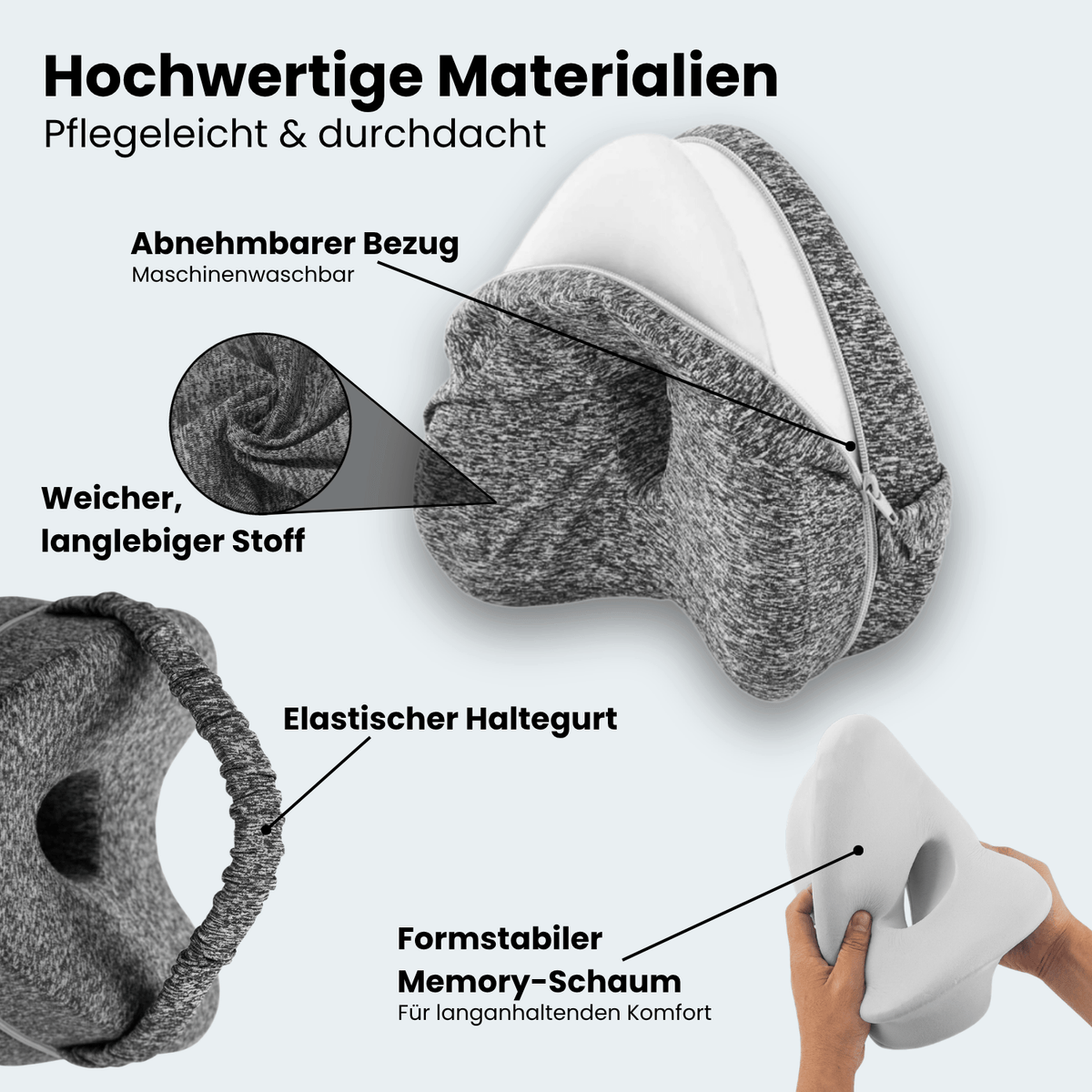 Merkmale des KneeFit: abnehmbarer waschbarer Bezug, elastischer Haltegurt und formstabiler Memory-Schaum