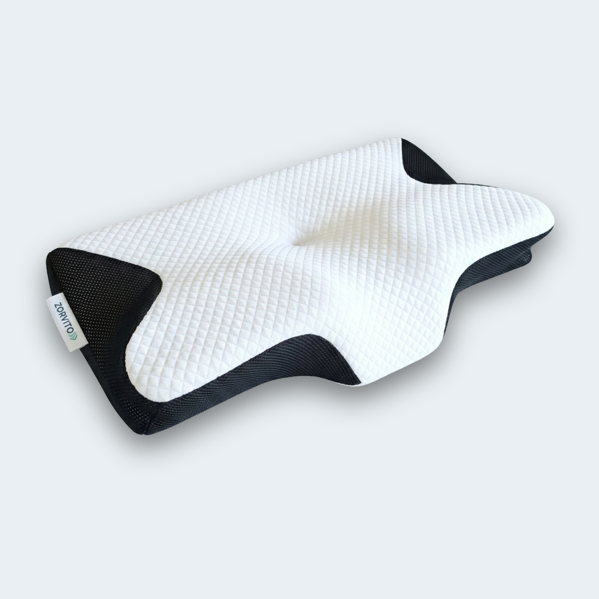 SleepFit Kissen in Schwarz: ergonomische Form mit Nackeneinschnitt und seitlichen Armaussparungen